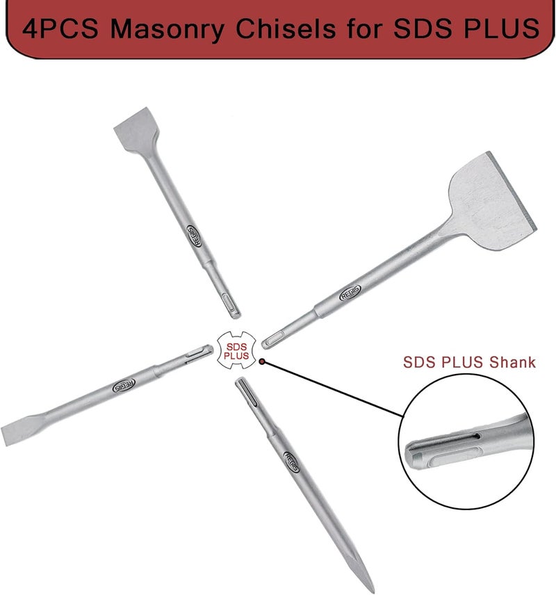 Regiis Tech 4 pcs SDS Plus Chisel Set, Masonry Concrete Drill Bit Set, Tile Removal Chisel Bits for Rotary Hammer with Point Flat Wide Tile Inclined Grooving Scraping Scaling Chisels - Image 3